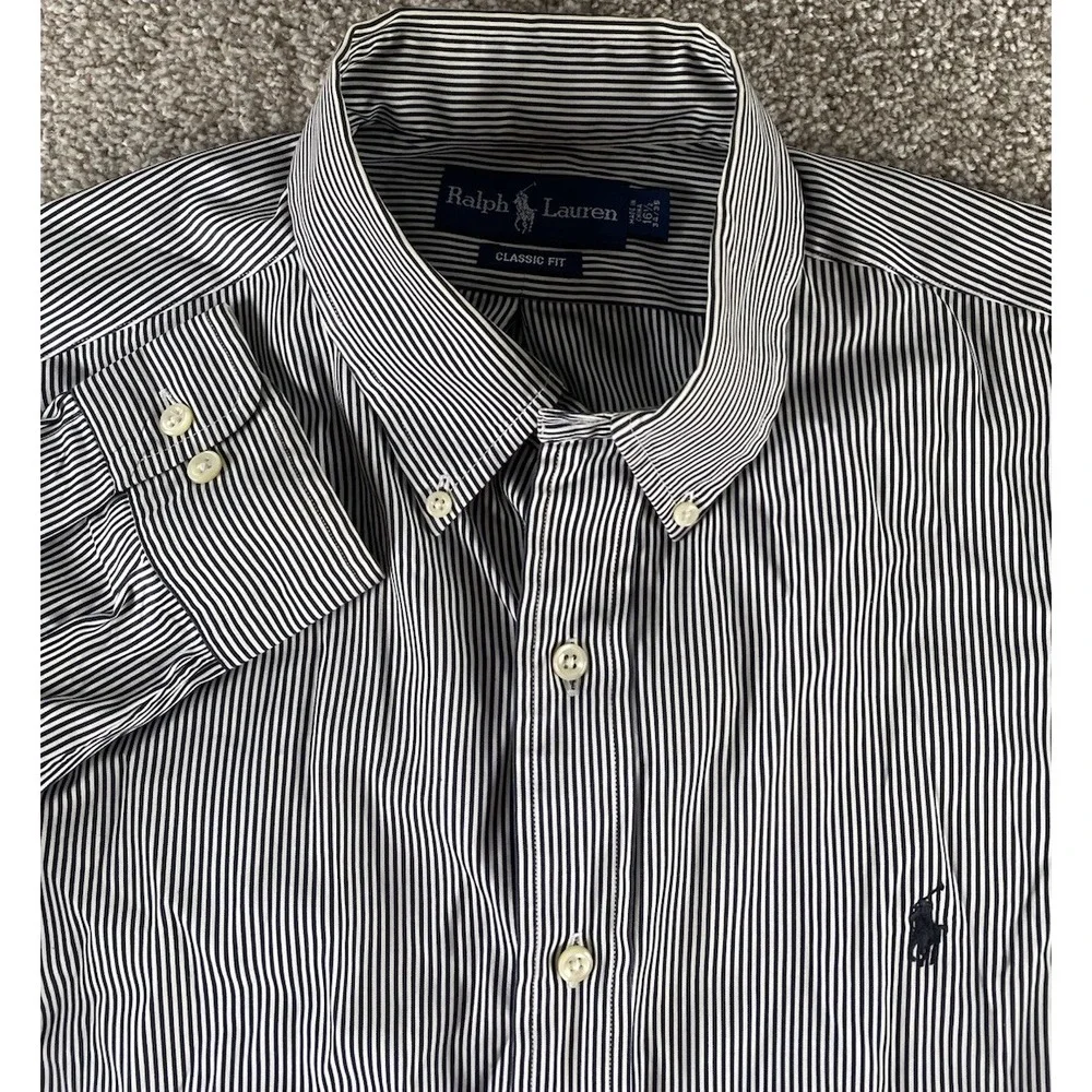 Polo Ralph Lauren Black Striped Shirt Cotton 16.5-34/35 Black Pony Preppy Men XL